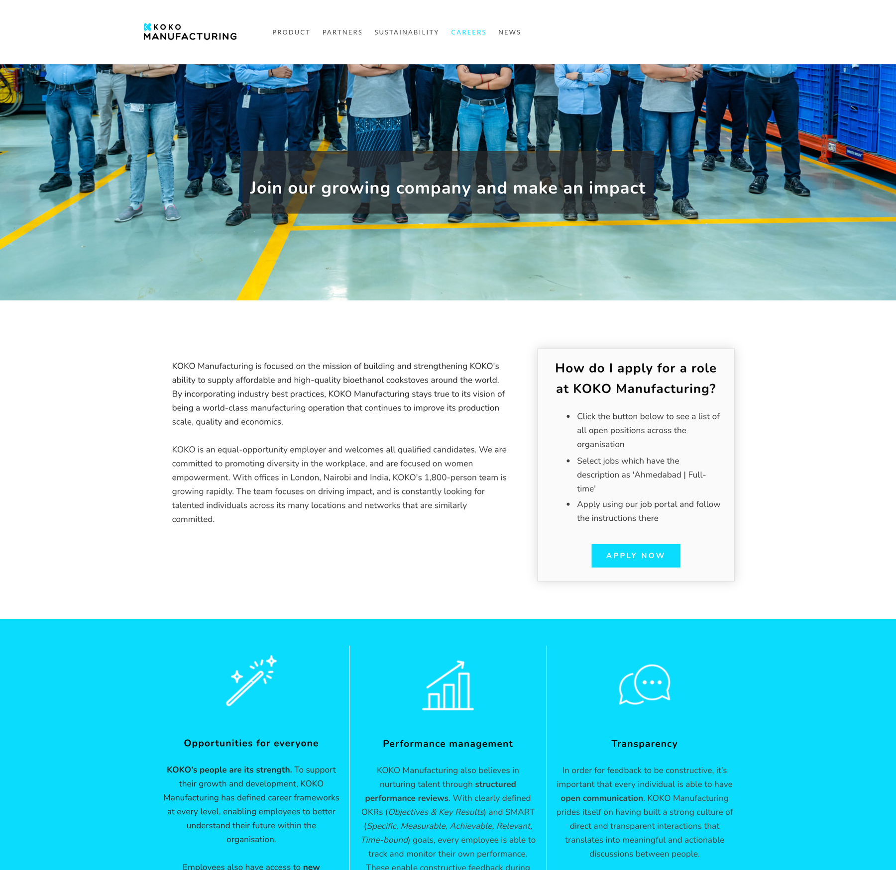 KOKO Manufacturing Careers page showing employee imagery, application guidance and employer proposition content.