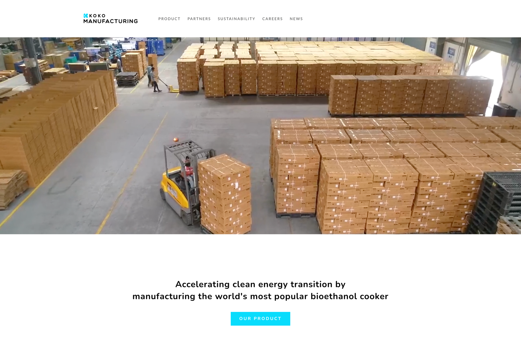 Published KOKO Manufacturing homepage showing the KOKO Manufacturing brand, factory imagery and expanded manufacturing story.