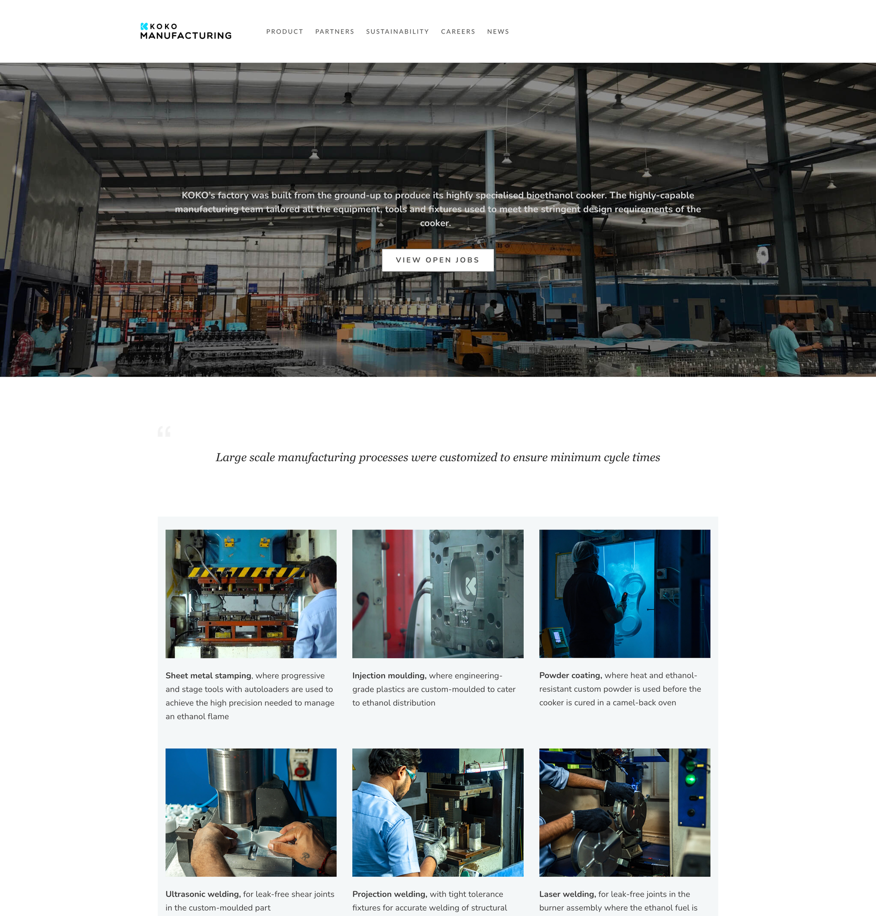 KOKO Manufacturing production page showing the factory, manufacturing processes and toolroom.