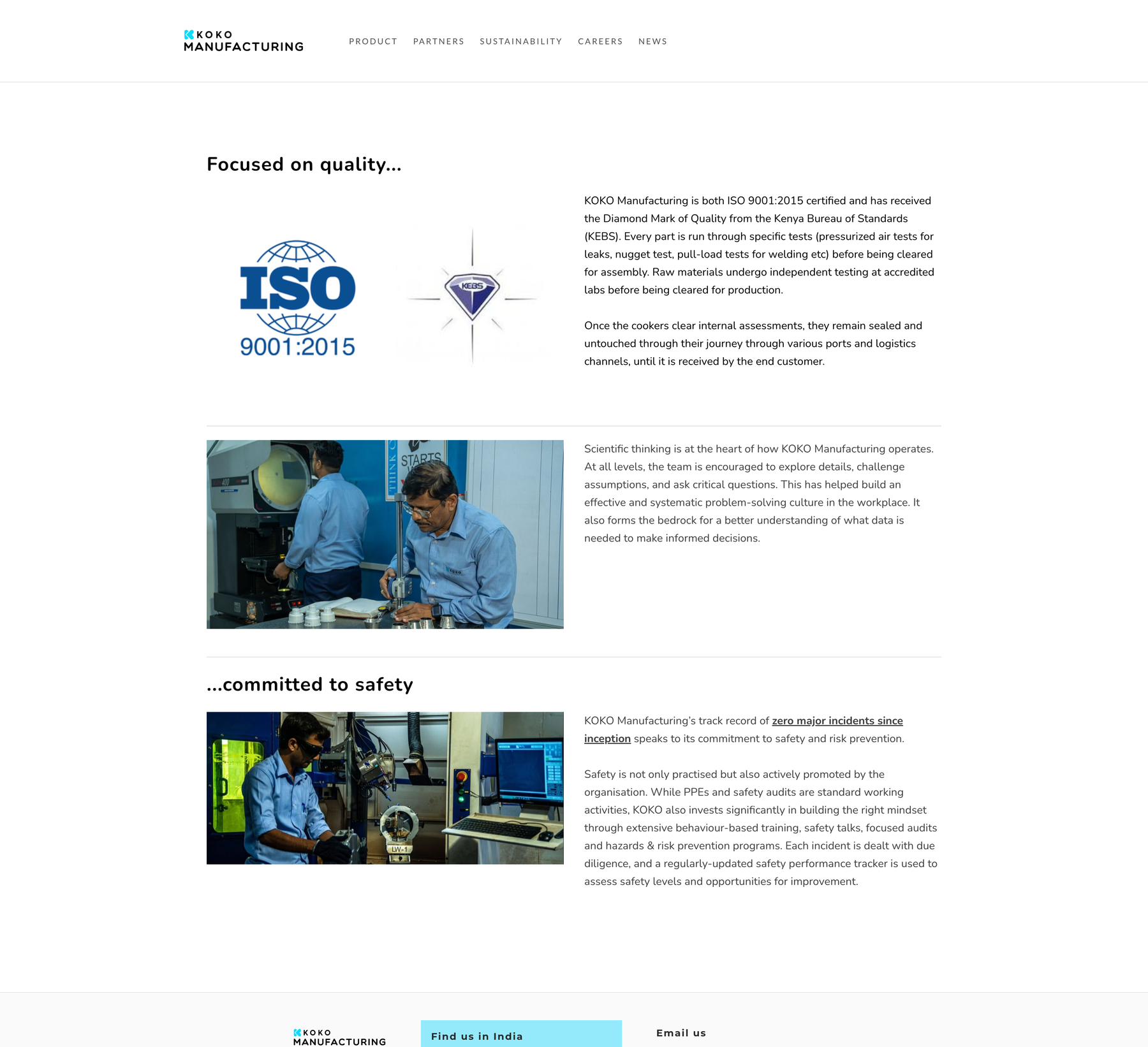 KOKO Manufacturing quality page showing certification, testing practices and safety content.
